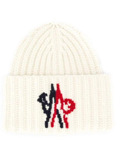Shop Moncler Intarsia Logo Ribbed Beanie Hat In White
