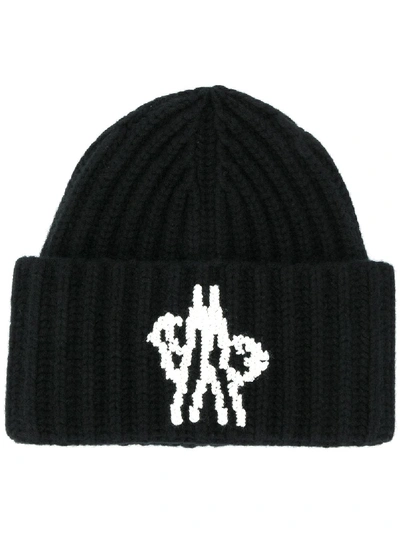 Shop Moncler Intarsia Logo Ribbed Beanie Hat In Black