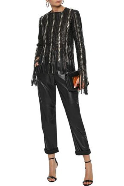 Shop Balmain Woman Fringed Chain-trimmed Leather Top Black