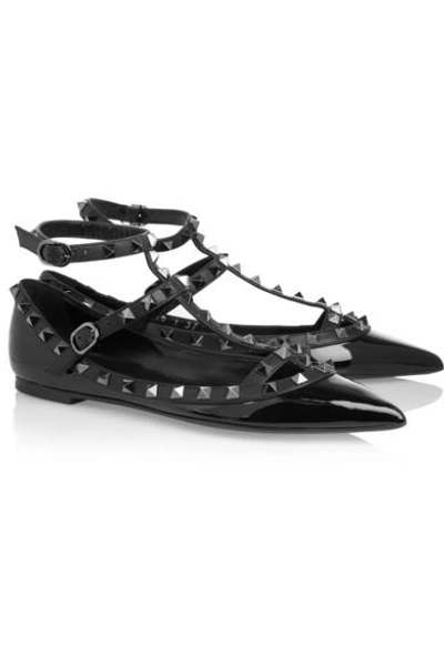 Shop Valentino Studded Patent-leather Flats In Black
