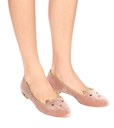 Shop Charlotte Olympia Kitty Velvet Ballet Flats In Pink