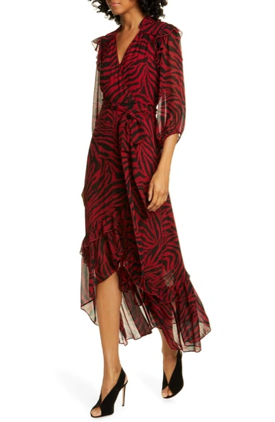 Shop Ba&sh Selena Animal Print Ruffle Detail Midi Wrap Dress In Red