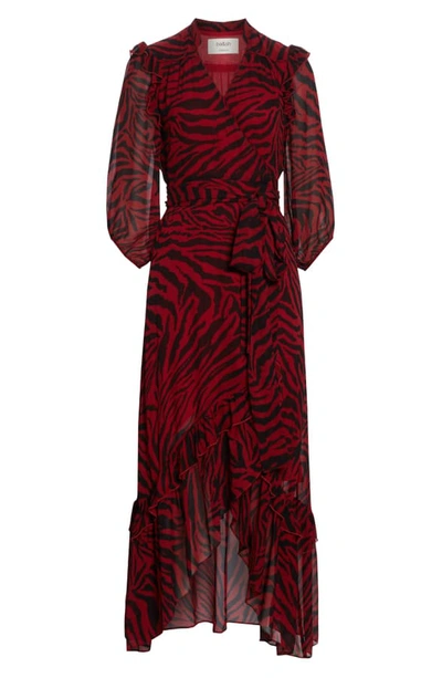 Shop Ba&sh Selena Animal Print Ruffle Detail Midi Wrap Dress In Red