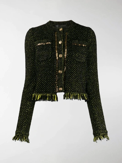 Shop Versace Fringe-trimmed Knitted Jacket In Black