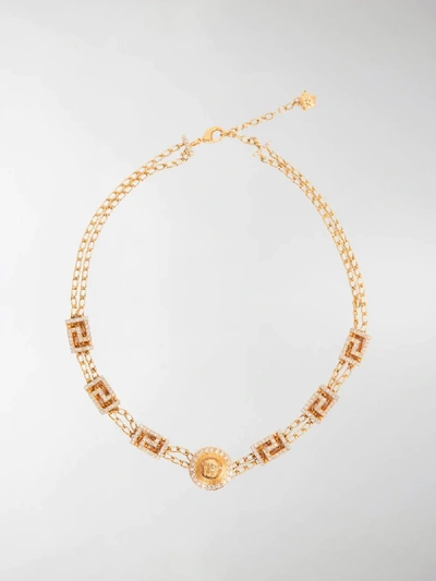 Shop Versace Crystal Embellished Medusa Chain Necklace In Gold