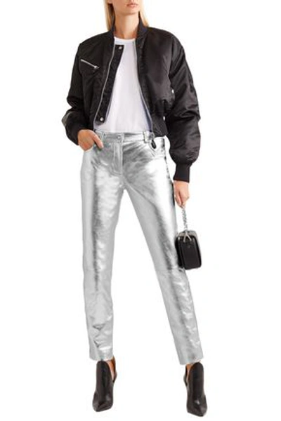 Shop Moschino Metallic Leather Straight-leg Pants In Silver