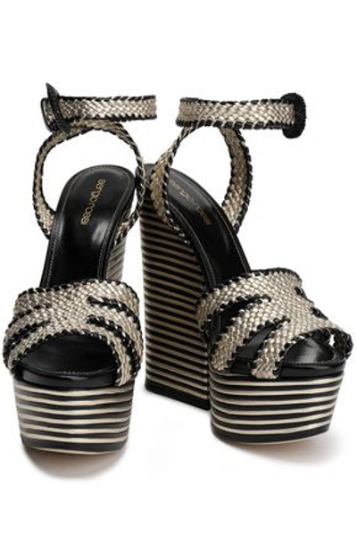 Shop Sergio Rossi Metallic Woven Leather Platform Sandals In Platinum