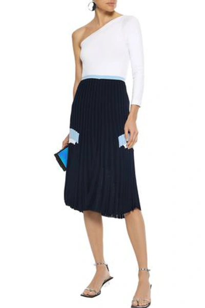 Shop Versace Woman Pleated Stretch-knit Skirt Midnight Blue