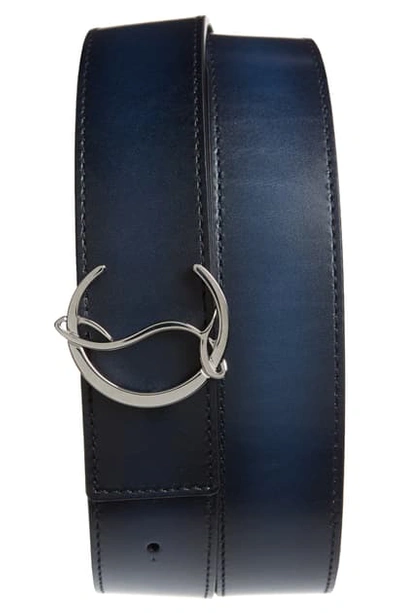 Shop Christian Louboutin Logo Buckle Leather Belt In Navy