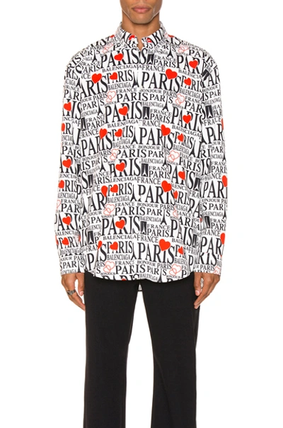 Shop Balenciaga Paris Bonjour Long Sleeve Shirt In White & Black & Red
