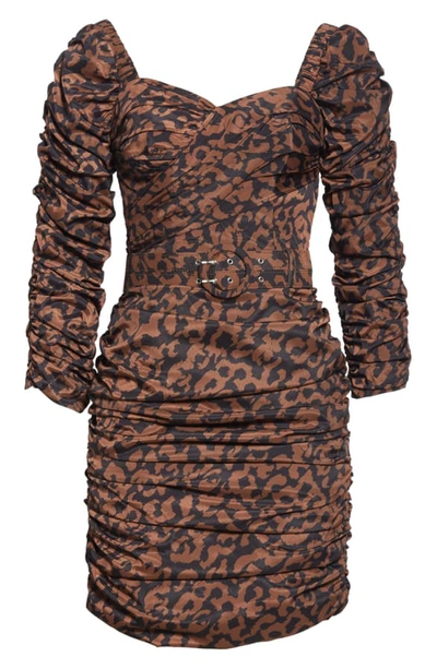 Shop Nicholas Ruched Puff Sleeve Minidress In Black Leopard Multi