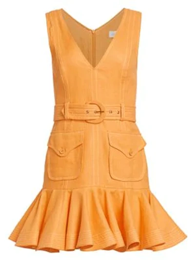 Shop Zimmermann Super 8 Belted Linen Mini Flounce Dress In Mango