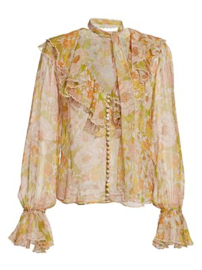 Shop Zimmermann Super 8 Floral Silk Ruffle Tieneck Puff-sleeve Blouse In Pink Meadow