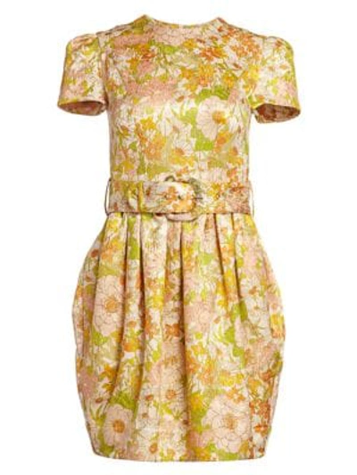 Shop Zimmermann Super 8 Metallic Floral Brocade Belted Mini A-line Dress In Pink Meadow