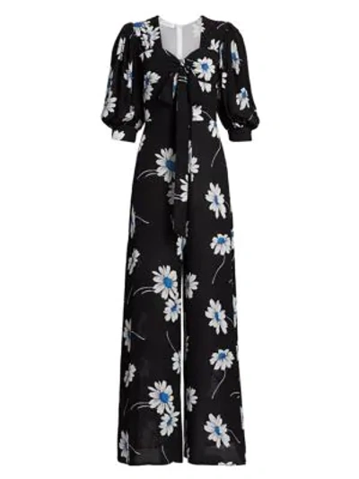 Shop Michael Kors Women's Puff-sleeve Floral Silk Jumpsuit In Cadet