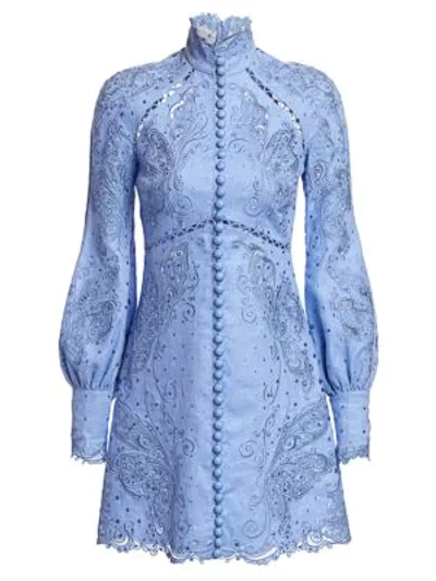 Shop Zimmermann Super 8 Lace Eyelet Embroidered Mini Silk & Linen Sheath Turtleneck Dress In Cornflower