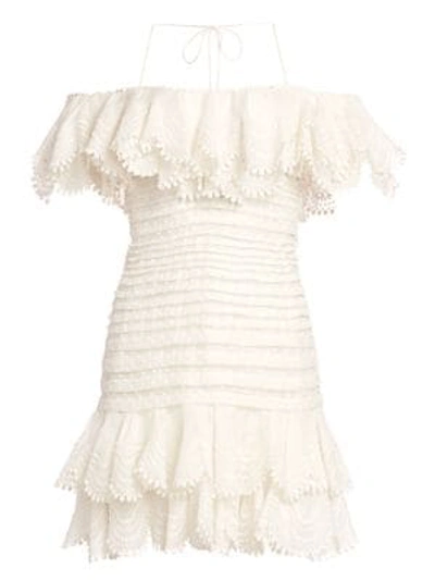 Shop Zimmermann Super 8 Plissé Lace Eyelet Cold-shoulder Silk & Linen Mini Dress In Ivory