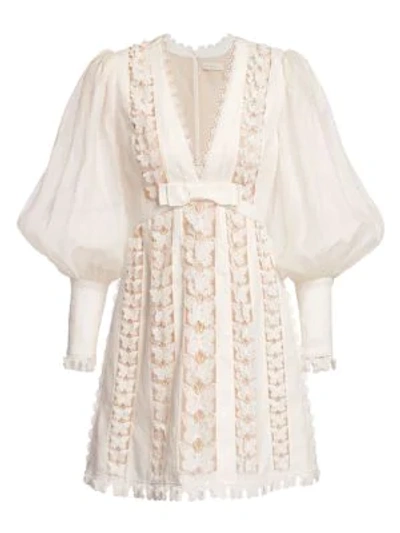 Shop Zimmermann Super 8 Butterfly Lace Eyelet Puff-sleeve Silk & Linen Dress In Ivory