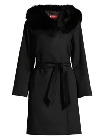 Shop Weekend Max Mara Fox Fur Trimmed Hooded Coat In Black
