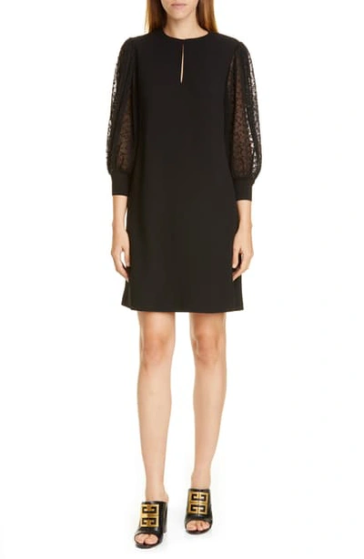 Shop Givenchy Pleated Lace Sleeve Wool A-line Dress In Black