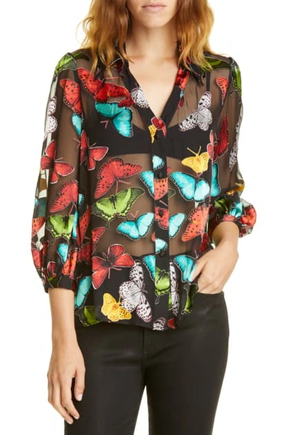 Shop Alice And Olivia Sheila Butterfly Print Silk Blend Top In Butterflies
