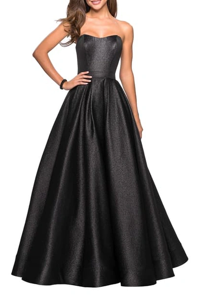 Shop La Femme Strapless Shine Ballgown In Black