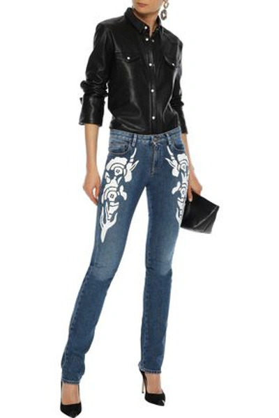 Shop Roberto Cavalli Woman Embroidered Faded Mid-rise Slim-leg Jeans Mid Denim