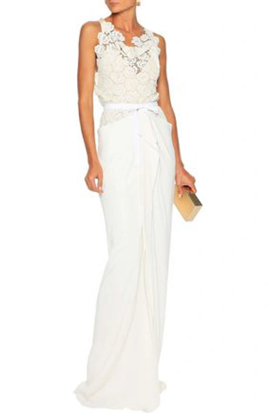 Shop Roland Mouret Hexam Tie-back Guipure Lace And Draped Cady Gown In Cream