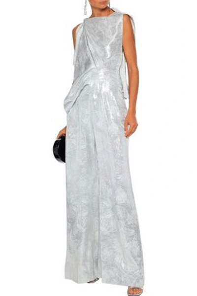 Shop Roland Mouret Ebsen Draped Metallic Silk-blend Jacquard Wide-leg Jumpsuit In Silver