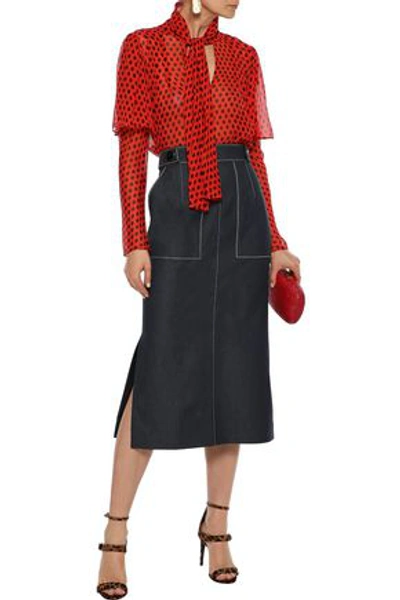 Shop Carolina Herrera Woman Button-embellished Denim Midi Pencil Skirt Dark Denim