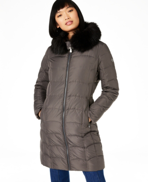 Calvin Klein Hooded Faux-fur-trim Down Puffer Coat, Created For Macy's In  Titan | ModeSens