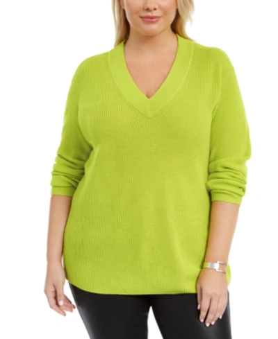 Shop Vince Camuto Plus Size V-neck Sweater In Lime Chrome