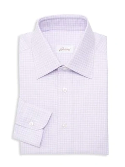 Shop Brioni Men's Regular-fit Textured Micro Check Dress Shirt In Lilac White