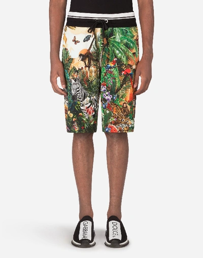 Shop Dolce & Gabbana Jersey Jogging Shorts With Tropical King Print In Multi-colored