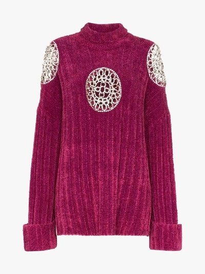 Shop Area Embellished Cutout Turtleneck Sweater In Purple