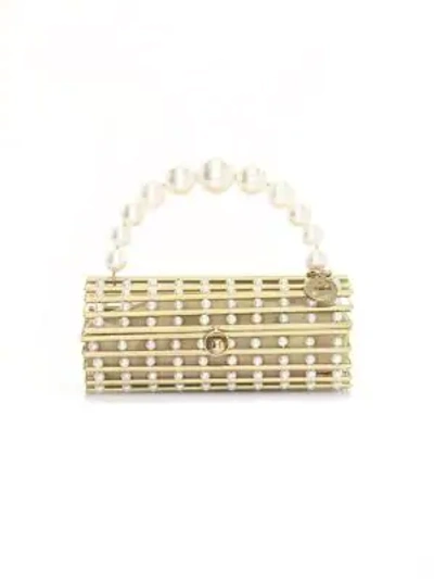 Shop Rosantica Medea Faux Pearl-embellished Box Clutch In Gold White