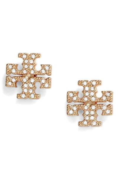 Shop Tory Burch Crystal Logo Stud Earrings In Tory Gold / Crystal