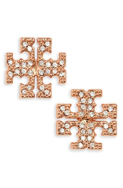 Shop Tory Burch Crystal Logo Stud Earrings In Rose Gold/ Crystal