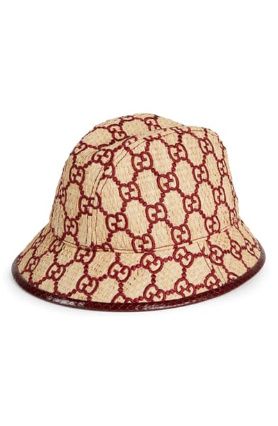 Shop Gucci Basmaa Genuine Snakeskin Trim Gg Embroidered Raffia Hat In Ivory/ Bordeaux