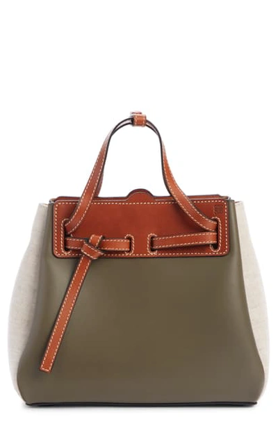 Shop Loewe Mini Lazo Leather & Canvas Bag In Khaki Green/ Natural