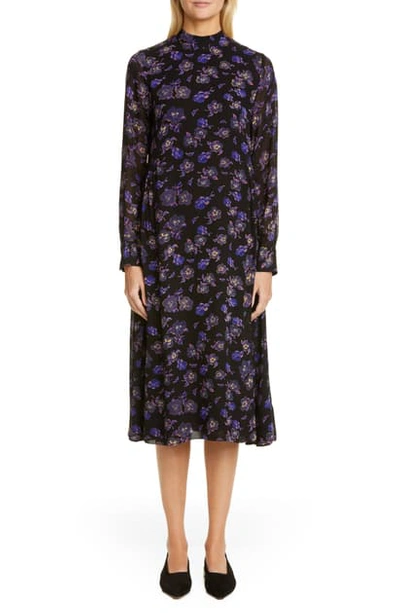 Shop Ganni Floral Print Georgette Long Sleeve Midi Dress In Black