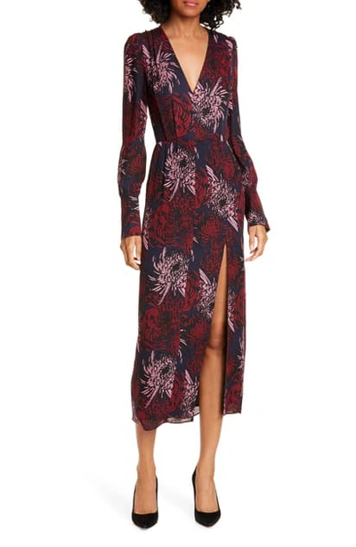 Shop A.l.c Bailey Floral Long Sleeve Silk Midi Dress In Midnight/ Pink/ Red