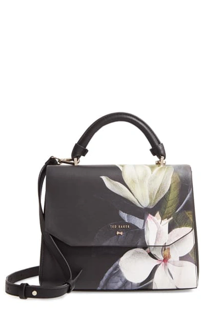 Adeliah Opal Floral Print Faux Leather Top Handle Bag In Black