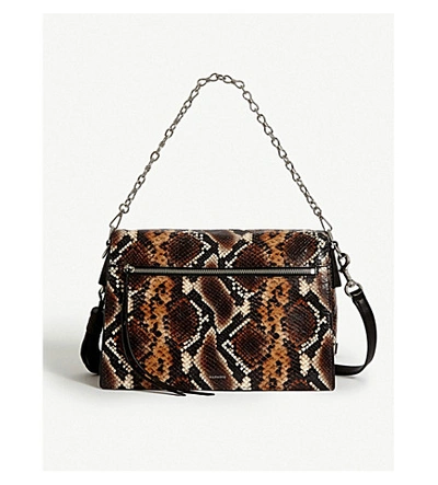 Shop Allsaints Miki Snakeskin-print Leather Crossbody Bag In Brown