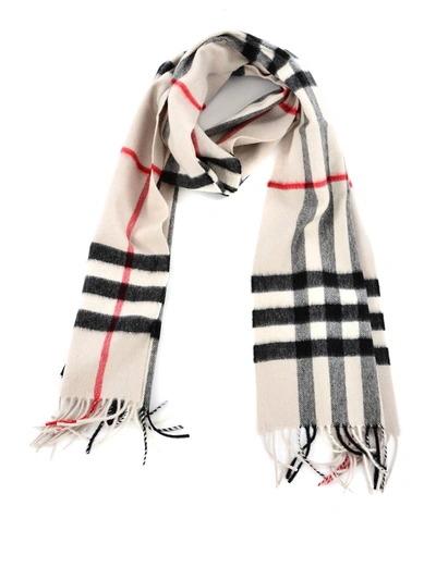 Shop Burberry Check Cashmere Fringed Scarf In Light Beige