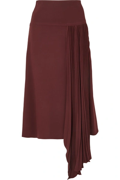 Shop Joseph Selma Asymmetric Pleated Silk-crepe Midi Skirt In Burgundy
