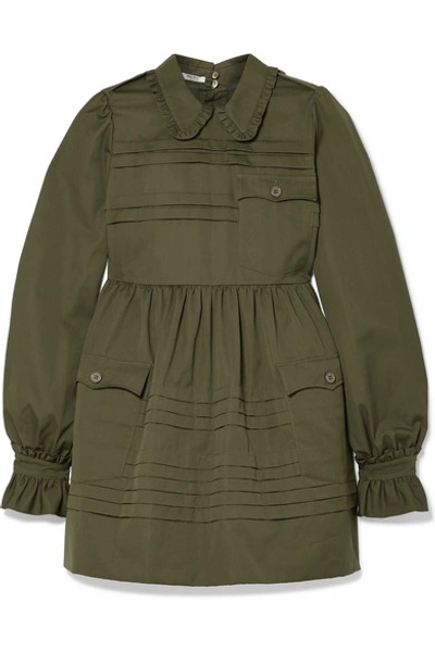 Shop Miu Miu Pintucked Cotton-poplin Mini Dress In Army Green