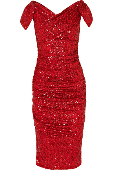 Dolce & Gabbana Off-The-Shoulder Ruched Sequined Tulle Dress In Red ...