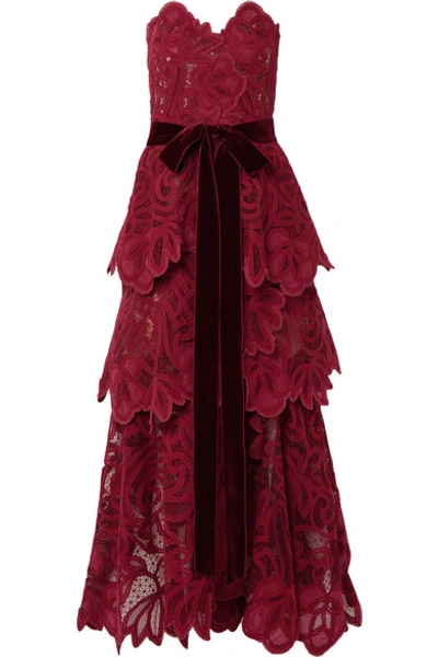Shop Oscar De La Renta Belted Tiered Velvet-trimmed Guipure Lace Bustier Gown In Claret