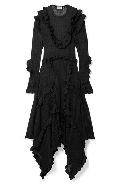 Shop By Malene Birger Erna Asymmetric Ruffled Pointelle-knit Lurex Maxi Dress In Black